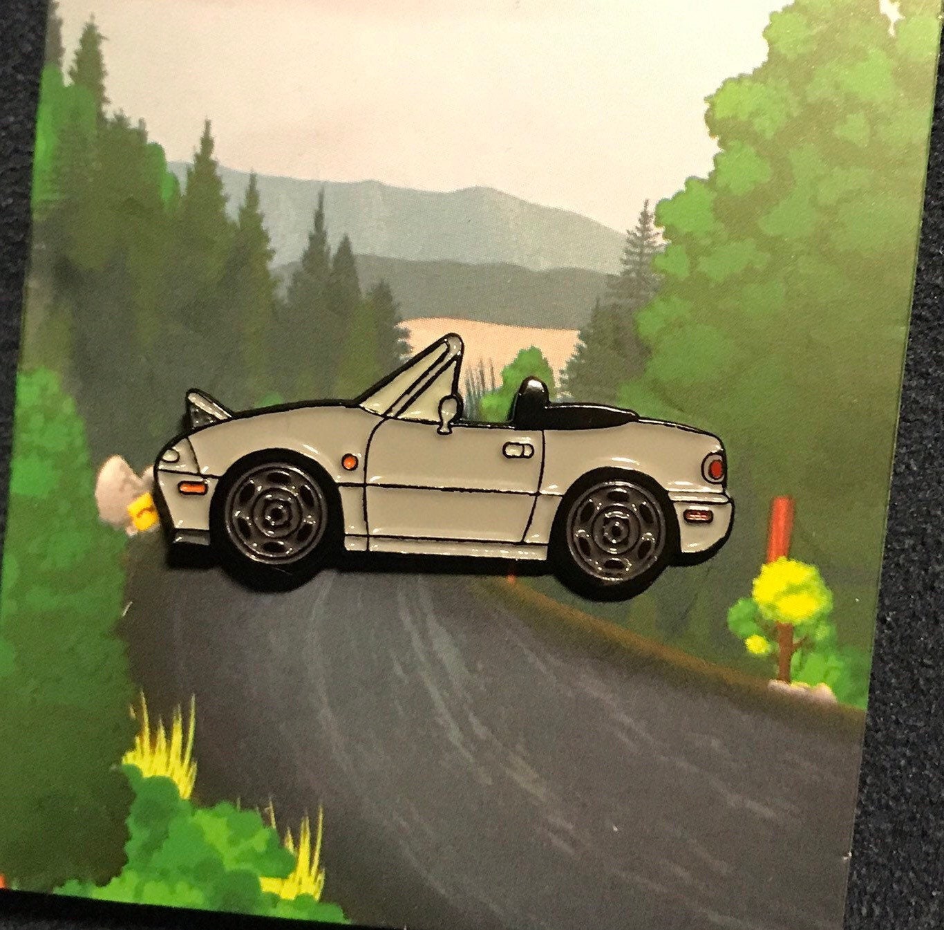 NA Mazda Miata MX5 Enamel Auto Lapel Pin top down & pop ups up! SILVER Collect them!